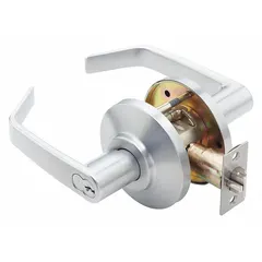 This office lever lockset features a 7KC Contour Angle Return Lever in satin chromium-plated zinc with a satin chrome finish. It is ADA compliant and includes an interchangeable core for quick rekeying. Designed for interior commercial doors requiring lever operation.