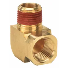 This 90° elbow is a threaded high-pressure pipe fitting with sealant, configured as 1/8 in Female NPT to 1/8 in Male NPT. It is rated for a maximum operating pressure of 1,000 psi. Used to change fluid direction in hydraulic or pneumatic systems, it provides leak-resistant joints in industrial piping applications.