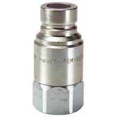 Steel-bodied hydraulic quick-connect coupling plug from the FEM Series. Features a 1"-11-1/2 thread size and a maximum flow rate of 189.27 lpm. Used in fluid power systems for rapid connection and disconnection of hydraulic lines.