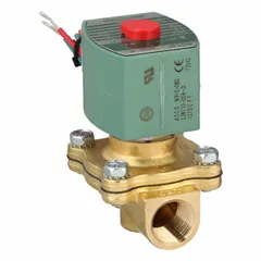 2-way, 2-position normally closed solenoid valve with 1/2 in pipe size and 12V DC watertight coil. Designed for high-flow on/off control of liquids or gases in applications requiring moisture resistance.