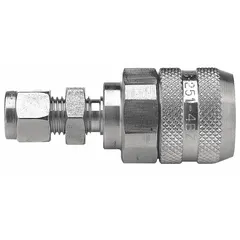 PARKER FET Series hydraulic quick-connect coupling body with 1/4 in coupling size and 9/16"-18 thread. Constructed from 316 stainless steel with a fluorocarbon seal. Used in fluid-power systems for rapid connection and disconnection of hydraulic lines in industrial machinery, mobile equipment, and process plants.