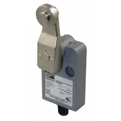 Submersible roller lever-arm limit switch with adjustable lever actuator. Rated for maximum operating torque of 1.42 in-lb. Includes 9.8 ft cable with 4-wire, 18 AWG, SJT connection. Features two mounting holes. Suitable for position detection of moving parts in wet or washdown industrial environments.