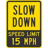 Aluminum speed limit sign with Engineer-grade retroreflective sheeting. Nominal size 18 in x 24 in, 0.080 in thick. Used to regulate traffic speed in parking lots, private roads, and low-speed zones