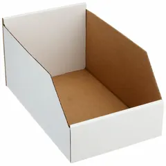 This light-use cardboard shelf bin measures 10 1/4 in x 8 1/2 in and is white. It contains 30-45% recycled content and is not electrostatic discharge conductive. Dividers are not included. Suitable for organizing small parts, supplies, or documents on shelves or workbenches in warehouses, offices, and light industrial settings.