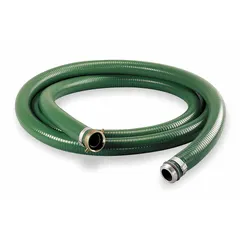 PVC hose assembly with rigid PVC helix reinforcement, 4-inch inside diameter and 4-inch x 4-inch fitting size. Rated for 55 psi, temperature range 0° to 158°F, green color. Used for water suction and discharge in moderate-pressure fluid handling.