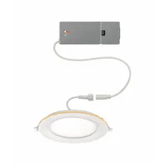 This low-profile canless downlight from ETI delivers 900 lumens and is dimmable, with selectable color temperatures from 2700K to 5000K. It operates at 120V AC, consumes 14.3 watts, and replaces a 75W incandescent. The white trim and built-in nightlight make it suitable for ambient lighting in hallways, bathrooms, or bedrooms.