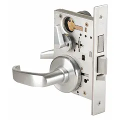 This office lever lockset features a satin chromium-plated stainless steel finish with a 45H rose trim and F13 function. It is ADA compliant for accessibility and includes an interchangeable core for key control. Suitable for commercial interior doors in offices, schools, and healthcare facilities.