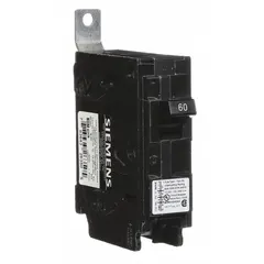 Single-pole miniature circuit breaker rated 60 A at 120/240V AC, with a maximum AIR rating of 10 kA. Part of the BL Series, standard type, for bolt-on installation in Siemens P1 panelboards. Provides overcurrent protection for single-phase branch circuits.