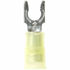 Nylon insulated locking fork terminal rated for 600 V. Accepts 12 AWG to 10 AWG wire and fits #10 stud size. Insulation Grip barrel provides strain relief. Used for secure wire termination in electrical panels and control systems.