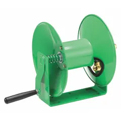 Hand-crank hose reel with U-base for storing and dispensing air or water hoses in workshops, garages, and industrial facilities. Features a 50 ft capacity for 3/8 in I.D. hose, nitrile seals, and a brass swivel. Overall dimensions: 18 in L x 10-5/8 in W x 11-5/8 in H. Green finish.