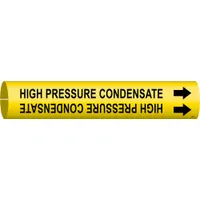 Yellow pipe marker with black legend reading 'High Pressure Condensate' and directional arrows. Fits pipe outer diameters from 2-1/2 to 3-7/8 inches. Used to identify high pressure condensate piping in industrial steam systems, supporting facility safety and compliance