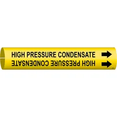 Yellow pipe marker with black legend reading 'High Pressure Condensate' and directional arrows. Fits pipe outer diameters from 2-1/2 to 3-7/8 inches. Used to identify high pressure condensate piping in industrial steam systems, supporting facility safety and compliance.