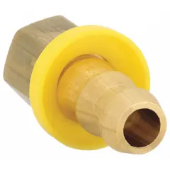 This brass push-on barbed hose fitting connects a push-on hose to an NPTF threaded port. It is used in air, water, and chemical lines for industrial fluid handling, pneumatic systems, and chemical transfer. The fitting is rigid, straight, with male x female gender and a 3/8 in x 1/4 in size.