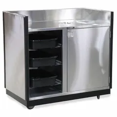 This mobile bussing station is constructed of stainless steel with a stainless steel finish. It has an overall height of 46 1/4 in and overall length of 49 1/4 in, and features all-swivel casters for maneuverability. The partially enclosed design is suitable for collecting and transporting dishes, trays, and utensils in foodservice operations.