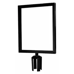 This black steel sign frame is designed for mounting on top of Tensabarrier posts to display signage in crowd control and queue management systems. It includes a Mounting Adapter for secure attachment. Overall width is 11 inches.