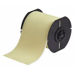 Continuous label roll made of polyamide with permanent adhesive, yellow matte finish. Measures 4 in x 130 ft. Temperature range -94°F to 572°F. Compatible with BBP35 printer series. Used for industrial labeling in harsh environments, such as wire marking, component identification, and asset tracking.