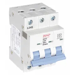 C-curve, 3-pole supplementary protector from the NDB2-63 series, rated 20 A at 480V AC with a maximum interrupting rating of 7.5 kA. Features screw clamp terminals and is designed for DIN rail mounting. Suitable for overcurrent protection in industrial control panels, HVAC equipment, and machinery where UL1077 supplementary protection is required.