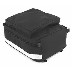 This medical pannier bag is constructed from black Cordura Nylon with a zipper closure. It includes an additional top pocket for quick access to smaller items. Designed for mounting on 11-20 in or 21-30 in racks, it is suitable for carrying and organizing medical supplies or equipment in emergency response or clinical settings.