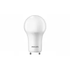 This PHILIPS LED lamp features a classic A19 shape with a frosted finish and a GU24 2-pin base. It consumes 8.8 watts at 120V AC, producing 3000K warm white light. The lamp is dimmable, suitable for general lighting in residential or commercial fixtures that accept GU24 bases.