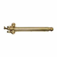 This UNIWELD machine cutting torch features a Victor-style design with a 10-inch length and 90° head. It is used for automated oxy-fuel cutting of steel plates and profiles in industrial fabrication and structural steel applications. The torch accepts standard Victor-style tips and mixing chambers.
