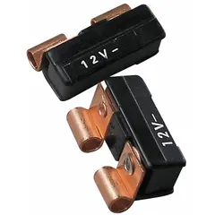 Plug-in mount glass tube style circuit breaker rated for 12V DC with an interrupt rating of 1 kA. Features blade terminal connection. Designed to protect electrical circuits in 12V DC vehicle systems from overloads and short circuits.