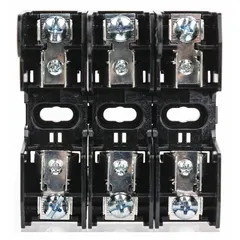 This 3-pole open block fuse holder accepts UL Class H and K cartridge fuses up to 250 V AC. Screw terminals simplify wiring in industrial control panels, distribution boards, and motor circuits. Non-indicating design without blown-fuse indicator.