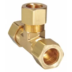 Brass compression fitting with standard sleeve design, supplied in a 10-pack. Used to connect three tubes of equal outside diameter in a T-shaped junction for branching fluid or gas lines in instrumentation, pneumatic, and hydraulic systems.