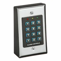 Steel digital keypad for security door alarm controls. Operates on 12 to 24V AC/DC with a 5 A current rating. Measures 2 in overall length by 2 3/4 in overall width. Used for arming, disarming, or access control in commercial and industrial security systems.