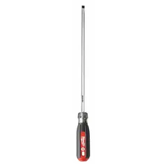 Slotted screwdriver with extra-long length for reaching recessed fasteners. Tether-ready design allows attachment of a lanyard to prevent drops when working at height. Cushion grip provides comfort during extended use. Overall length 13 in.