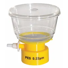 Sterile bottle top filter with 50 mm diameter PES membrane, 0.22 µm pore size, and 150 mL upper capacity. Designed for vacuum-assisted filtration of media, buffers, and biological solutions into standard 45 mm neck bottles. No stopper included.