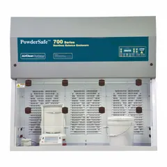 Fully assembled enclosure for handling bulk powders and sensitive equipment. Includes blower, base/stand, and work surface. Provides a contained workspace for weighing, mixing, or dispensing fine powders in laboratory settings.