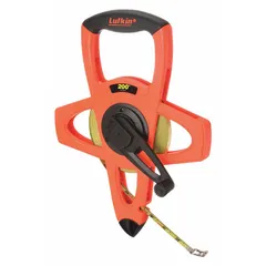 Manual open-reel long tape measure with a 200 ft steel blade, single-sided with 1/8 in SAE graduations. Features a nonmagnetic single hook end and a plastic case with grip. Suitable for measuring long distances in construction, surveying, and industrial layout work.
