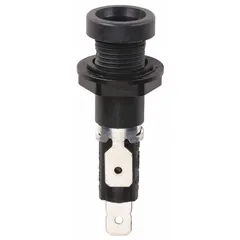 Single-pole panel mount fuse holder for 5 mm x 20 mm glass or ceramic fuses. Rated 16 A maximum at 250 V AC. Features a screwdriver slot cap and 1/4 in quick-connect terminals. Suitable for overcurrent protection in control panels, power supplies, and electrical equipment.