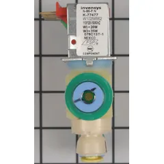 This water inlet valve controls water flow to the ice maker and water dispenser in refrigerators and freezers. It is a replacement part for maintaining proper water supply operation.