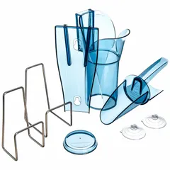 This ice scoop with holder is made of polycarbonate and measures 6 3/4 inches wide. It is dishwasher safe and NSF certified. The holder keeps the scoop off surfaces to reduce contamination. Suitable for use in commercial kitchens, bars, and foodservice operations for hygienic ice handling.