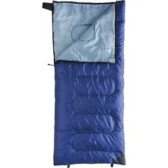 This sleeping bag measures 74 inches in length and 33 inches in width, constructed from blue polyester. It includes a carry bag for transport. Suitable for camping, outdoor sleeping, and emergency preparedness.