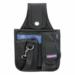 Black polyester tool pouch with four pockets. Open top closure for quick tool access. Attaches to a belt via a belt slot. Suitable for carrying and organizing hand tools on a belt during construction, maintenance, or repair tasks.
