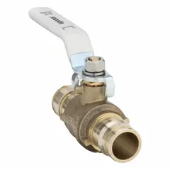 Brass ball valve with drain in straight configuration. PEX x PEX connections. Lever handle. Maximum pressure rating of 250 psi (CWP). Used for shut-off and isolation in plumbing systems with PEX tubing.