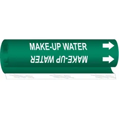 Green wrap-around pipe marker with white legend 'Make-Up Water' and directional arrows. Fits pipe outer diameters from 2-1/2 to 7-7/8 inches. Used to identify make-up water lines in industrial piping systems for clear visual indication of pipe contents and flow direction.