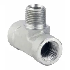 Steel pipe tee with 3/8 in x 3/8 in x 3/8 in fitting size, rated for 4,500 psi maximum operating pressure. Used in high-pressure hydraulic systems to split or combine fluid flow.