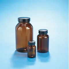 This 30 mL amber wide mouth glass bottle features a 28-400 mm neck finish and a phenolic closure with an LDPE/PTFE cap liner. The amber glass provides UV protection for light-sensitive contents, while the liner offers chemical resistance and a secure seal. Suitable for general laboratory storage of reagents, samples, or packaging applications.