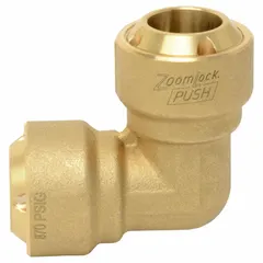 This brass push-to-connect elbow fitting connects two tubes of 1/2 in outer diameter. It is used in pneumatic, fluid transfer, and instrumentation tubing systems for tool-free, leak-free connections. Part of the ZoomLock series.