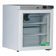AMERICAN BIOTECH SUPPLY Lab Refrigerator: 1 cu ft, Tabletop, 1°C to 10°C, 19 1/4 in Overall Dp, Temp (MPN ABT-HC-UCFS-0104G-LH). Key specifications — Door Opening Style: Left; Color: White; Alarm Type: Temperature; Manufacturer Part Number: ABT-HC-UCFS-0104G-LH; Brand: AMERICAN BIOTECH SUPPLY; Product Type: Lab Refrigerator; Door Type: Swing Glass; Refrigerant Type: R-600a.