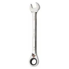 This SAE 12-point ratcheting combination wrench features a 5/8 in head size and an offset design for accessing recessed fasteners. The chrome finish resists corrosion, and the ratcheting action allows continuous turning without repositioning. Suitable for tightening or loosening bolts in confined spaces.