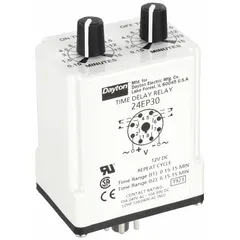 Socket-mounted time delay relay with 8 pins/terminals, rated for 12V DC and 10 A. Used in industrial control panels for timing applications such as motor start sequencing, conveyor timing, and HVAC staging.