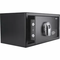 This free-standing security safe offers 0.79 cu ft of storage capacity and is constructed from steel. It features a biometric lock for keyless entry and three dead locking bolts for tamper resistance. Suitable for securing valuables, documents, and small items in home, office, or retail settings. Not fire rated.