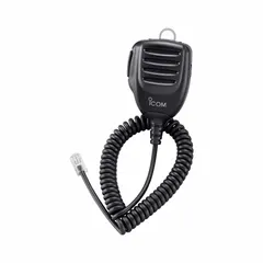 The ICOM HM216 is a speaker microphone designed for use with ICOM A120 series radios. It features a push-to-talk button and connects via a modular connector. The microphone has a 19-inch cord and a black finish. Suitable for two-way communication in aviation, marine, and industrial settings.