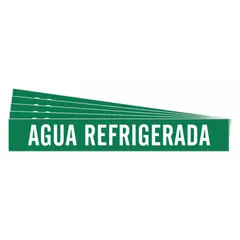Pipe marker with green background and white legend reading 'Agua Refrigerada'. Fits pipe outer diameter 8 inches and larger. Supplied as a 5-pack containing 1 marker without arrows. Used for identifying chilled water piping in industrial and commercial facilities.