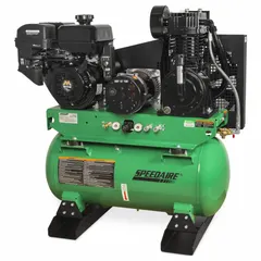 This combination unit integrates a two-stage air compressor and a generator in a horizontal configuration. Powered by a 14 hp engine, it delivers 15.7 cfm of compressed air. Typical applications include providing compressed air for pneumatic tools and electric power for equipment in workshops, construction sites, and maintenance facilities.