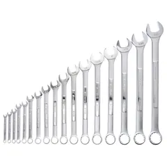 This 17-piece set of SAE 12-point combination wrenches features a satin finish and a 15° offset head angle for improved access in confined spaces. The offset design aids in applying torque to fasteners. Suitable for general fastening and loosening tasks in automotive, machinery, and industrial settings.